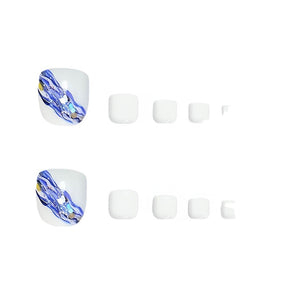 Classic Minimalist White Blue Toe Nails with Glitter Stars