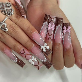 Long French Chocolate Nail Tips with Bow and Pearls