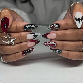 Almond Halloween Punk Metal Black Red Gradient Bat Spider Nail Tips