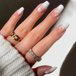 Christmas Nude Gradient White Snowflake Fall Nails - Removable Nail Tips