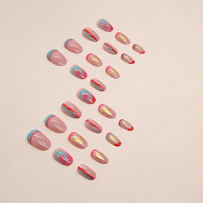 Oval Red-Green Gold Foil Nails, Minimalist and Versatile