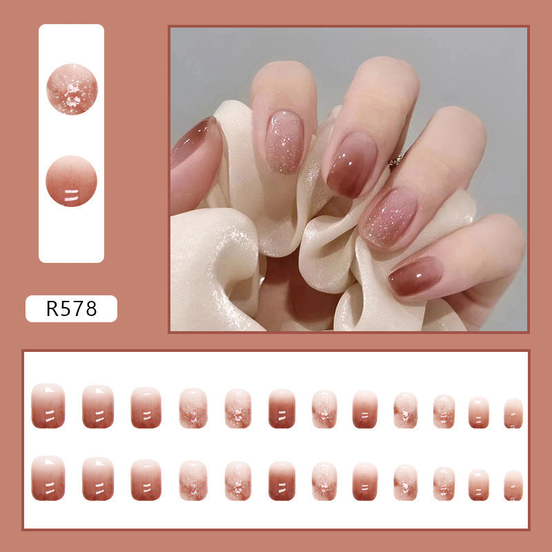 Short Gradual Color Red-Brown Transparent Nail Tips, 24 Pieces Set