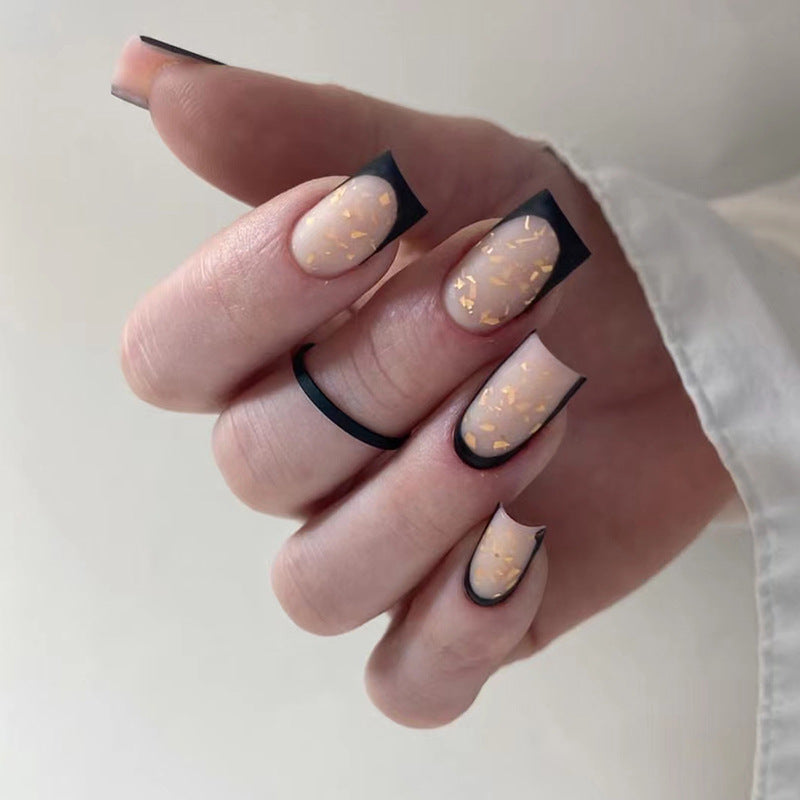 Black French Fall Nails with Gold Foil Shards