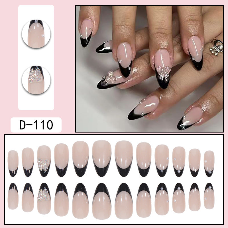 Black Almond Fall Nails: French Tip Diamond-Encrusted Butterfly Nail Tips