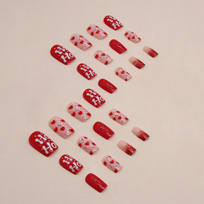 Red Christmas Heart Glitter Pre-made Nails for Valentine's Day (24 Pcs)