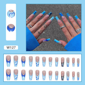 Long Blue Press-On Nails for Durable Wear