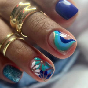 Short Pastel Morandi Blue Floral Press-On Nails - Wholesale