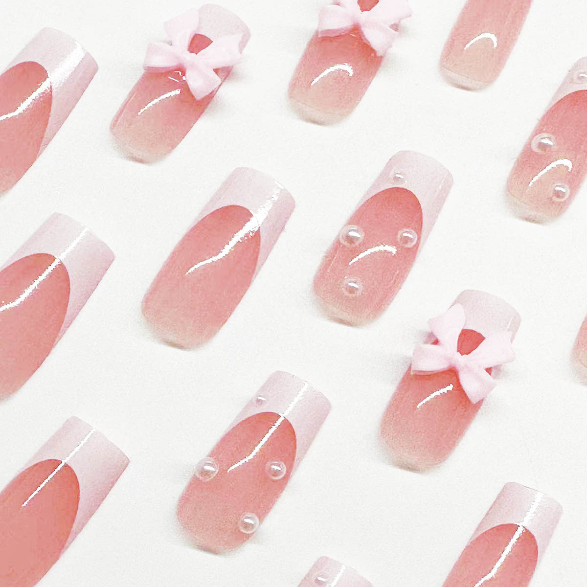 Removable White French Pearl Pink Bow Nail Tips