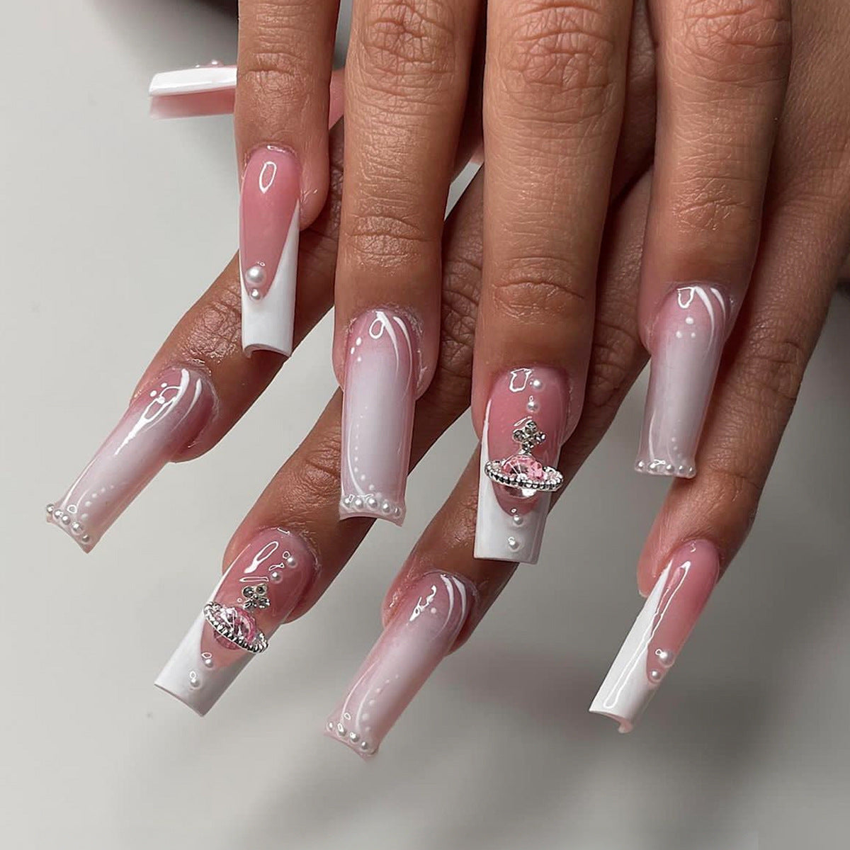 Long Detachable Nail Tips with Rhinestones and Pearl White Edge