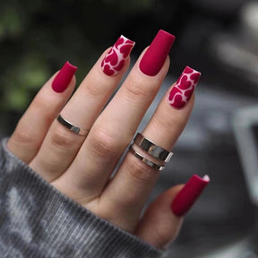 Chic Red Heart Matte Fall Nails, Medium Length Square Tips