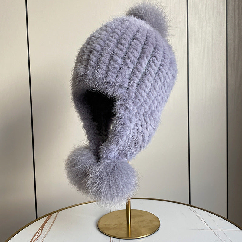 Warm Mink Fur Hat with Fox Pom Pom - Winter Luxury