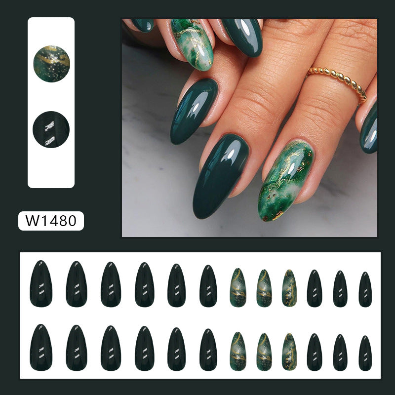 Vintage Dark Green Jade Ins-Style Removable Fall Nails: 24-Piece Set