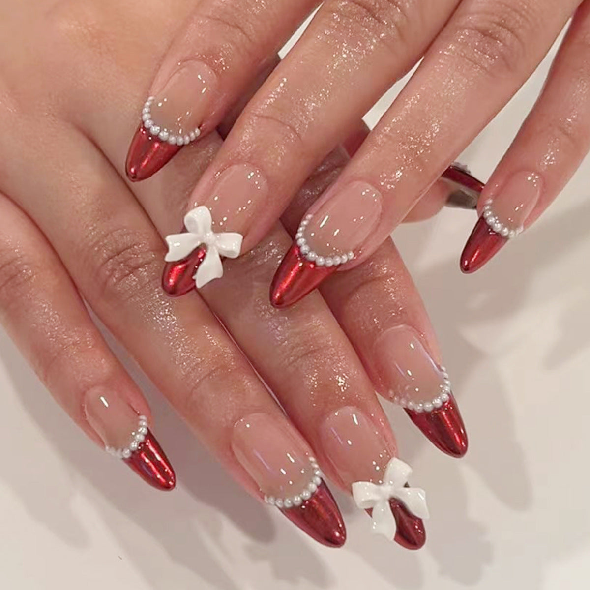 Bow French Tip Removable Wine Red Nail Stickers