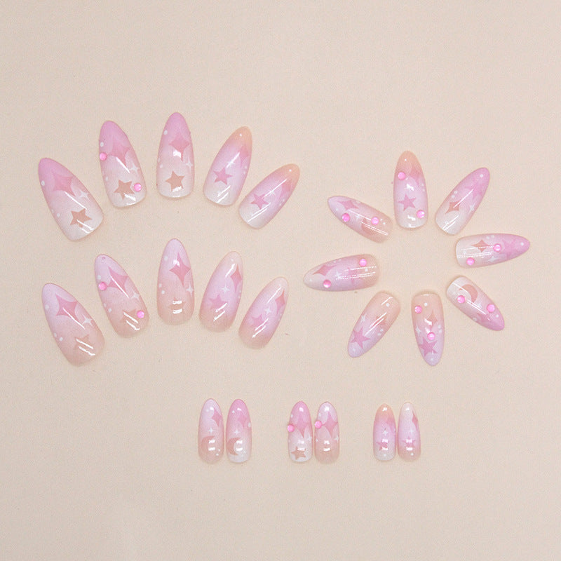 Pink Purple Ombre Hollow Star Moon Almond Nails, Ins Style