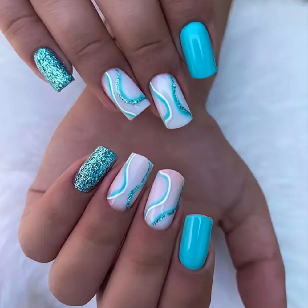 Blue Water Ripple Fall Nails - Removable Trendy Nail Tips