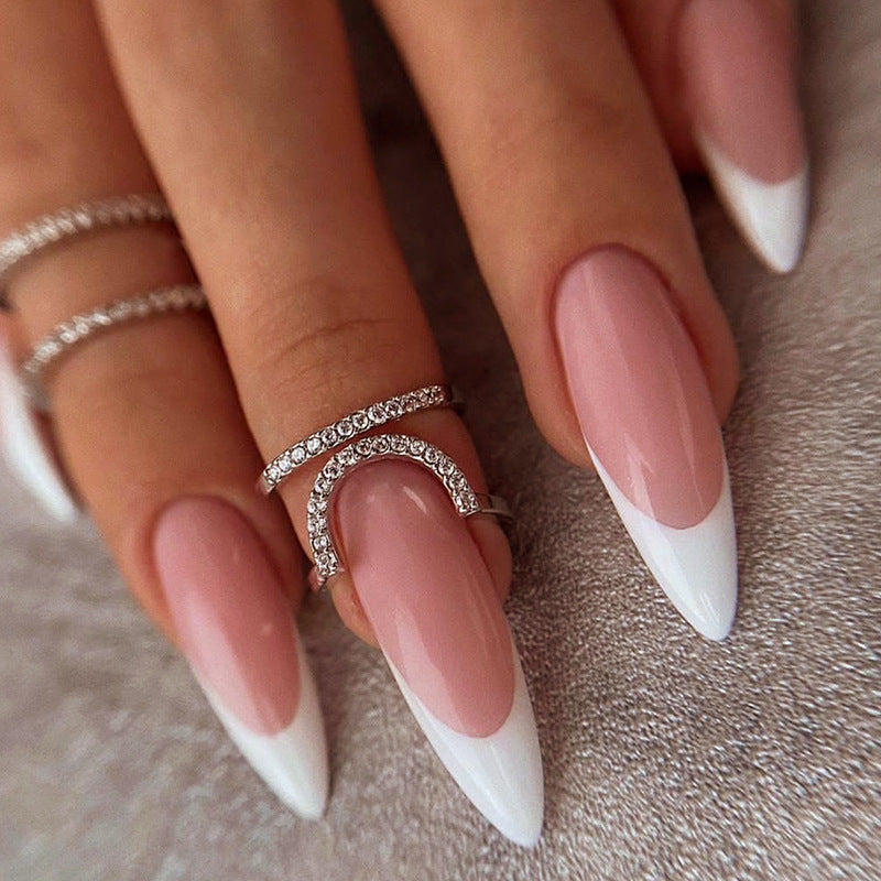 Simple Long Pointed French Nails Elegant White Tone