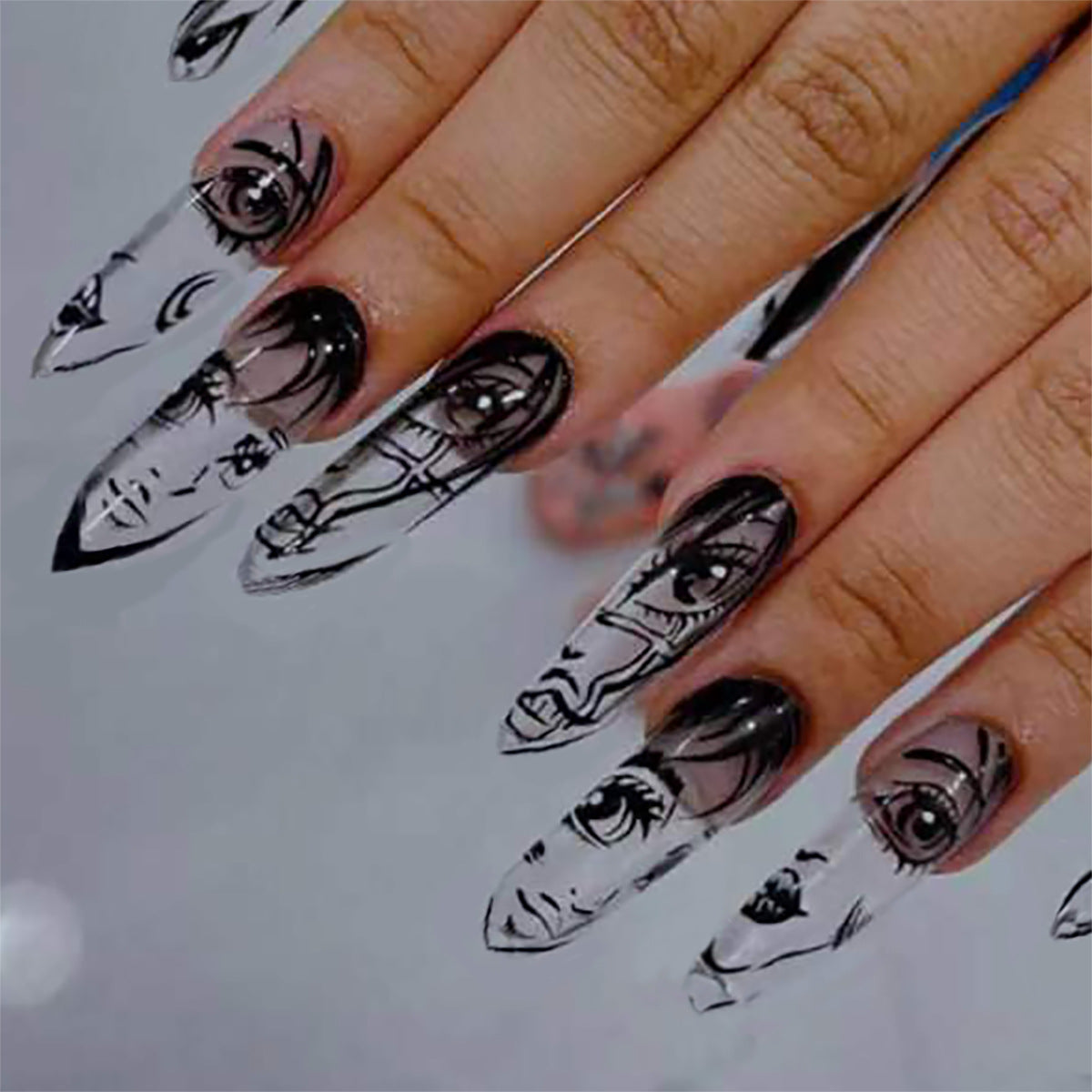 Black Graffiti Cartoon Face Watercolor Nail Extensions