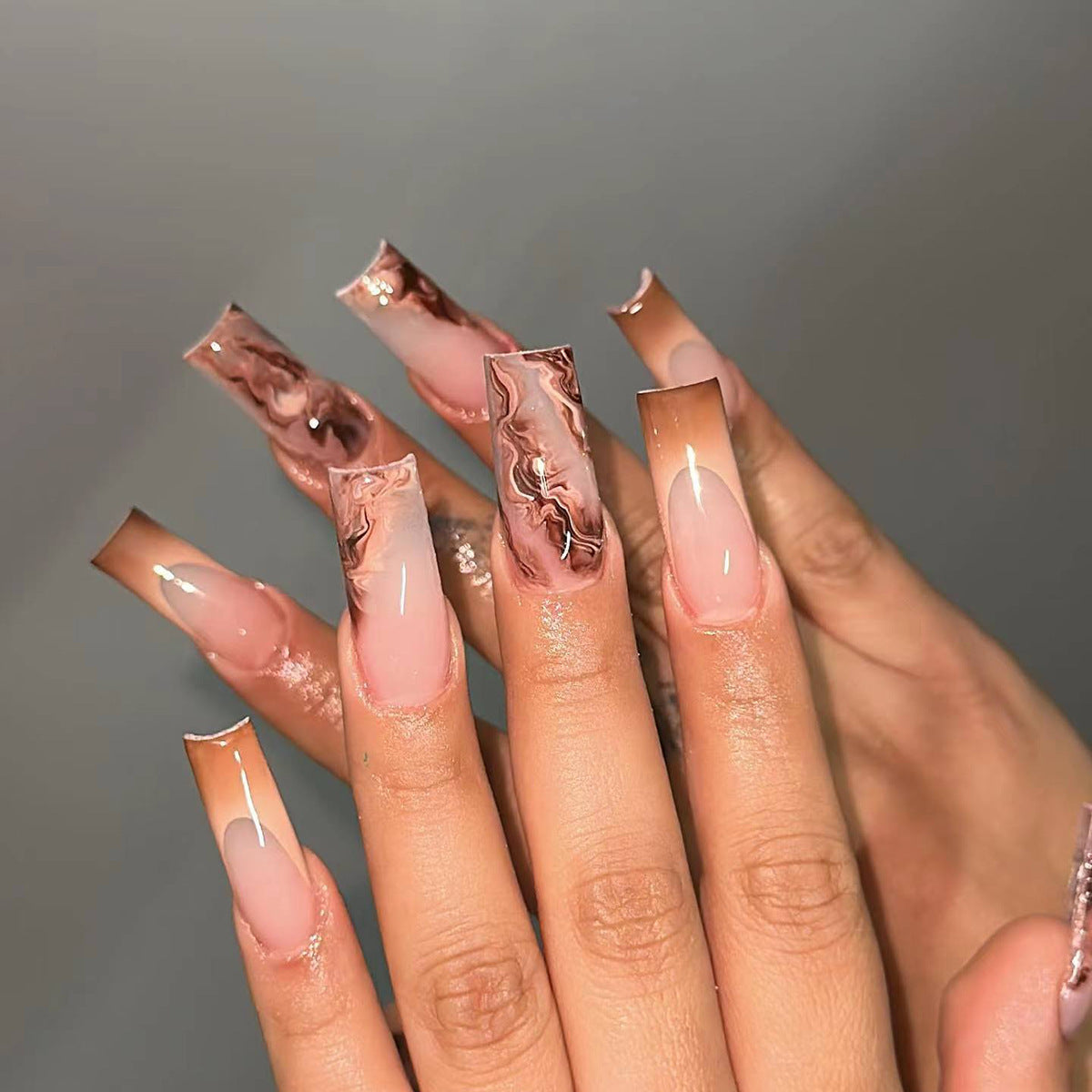 Brown Gradient French Nails with Marble Effect