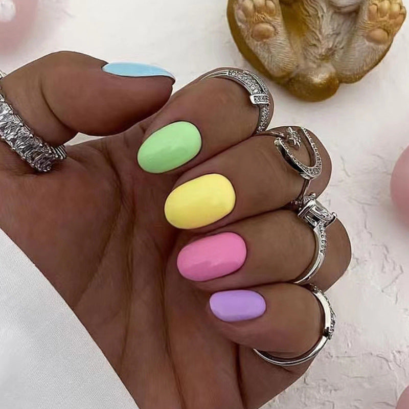 Cute Short Oval Multicolor Rainbow Nails for Summer