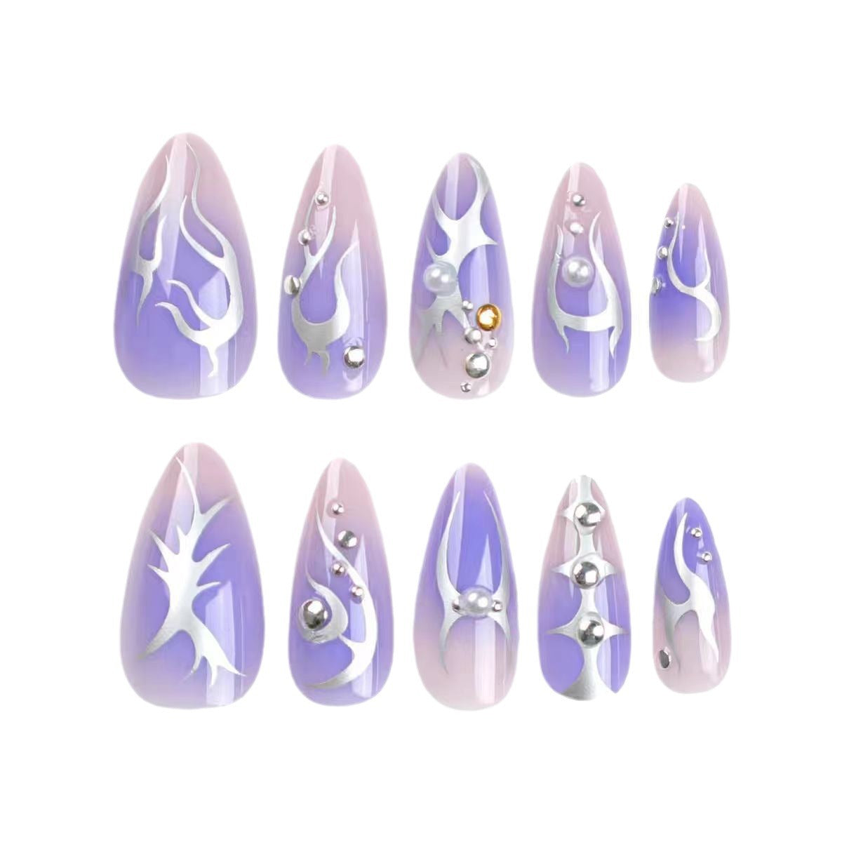 Almond Nail Tips with Silver Purple Flame Design