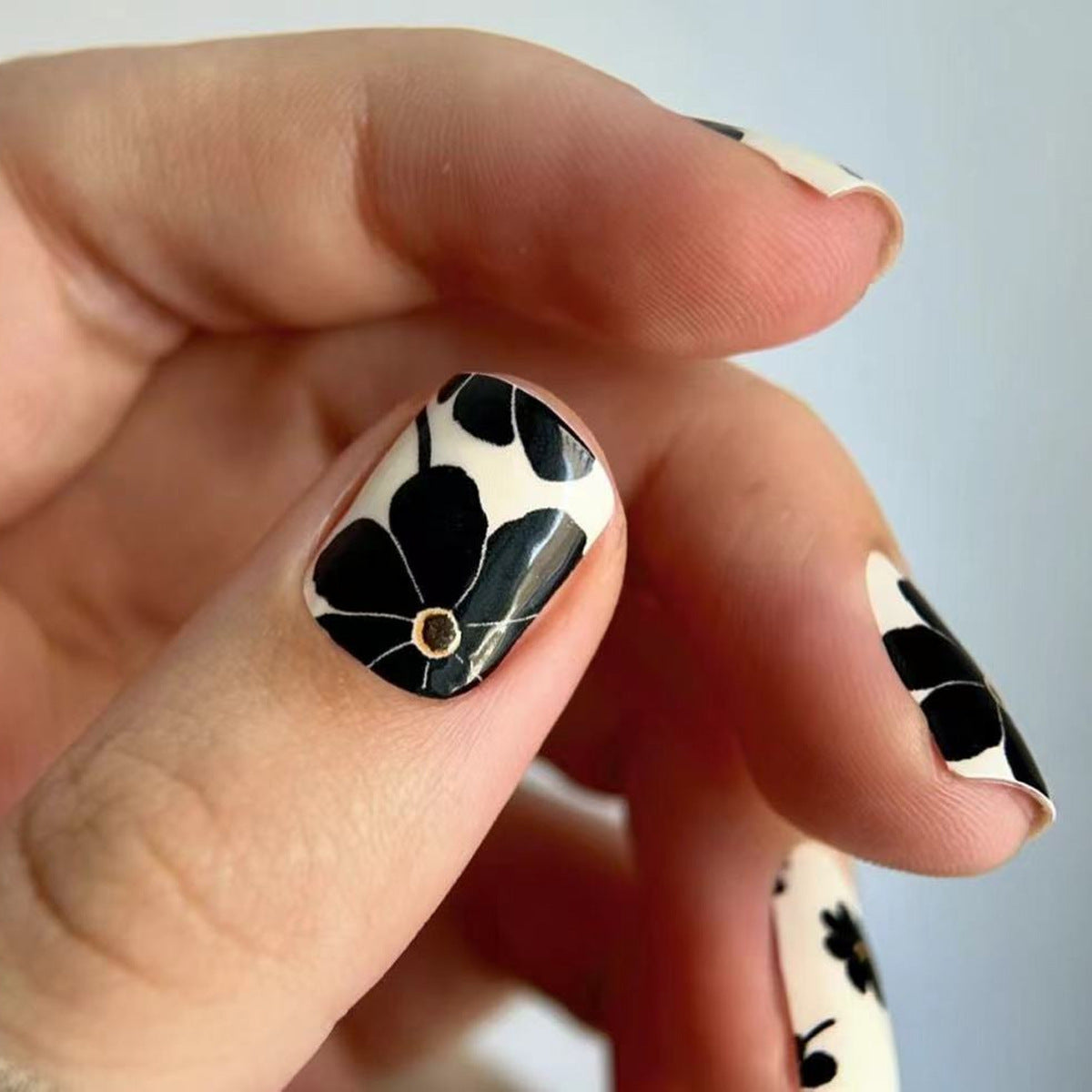 Vintage Natural Short Square Nails with Black Ruffle Design