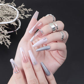 Transparent Ballet Nails with Silver Glitter and Diamond Accents