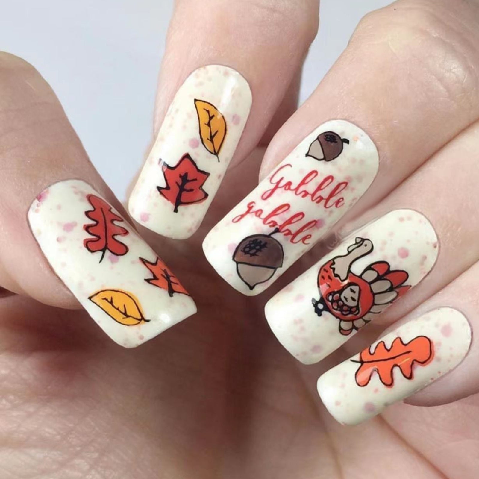 Thanksgiving Nails with Maple Leaf, Acorn, and Turkey Designs