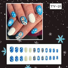 24-Piece Short Oval Christmas Snowman Snowflake 3D Knit Nail Tips