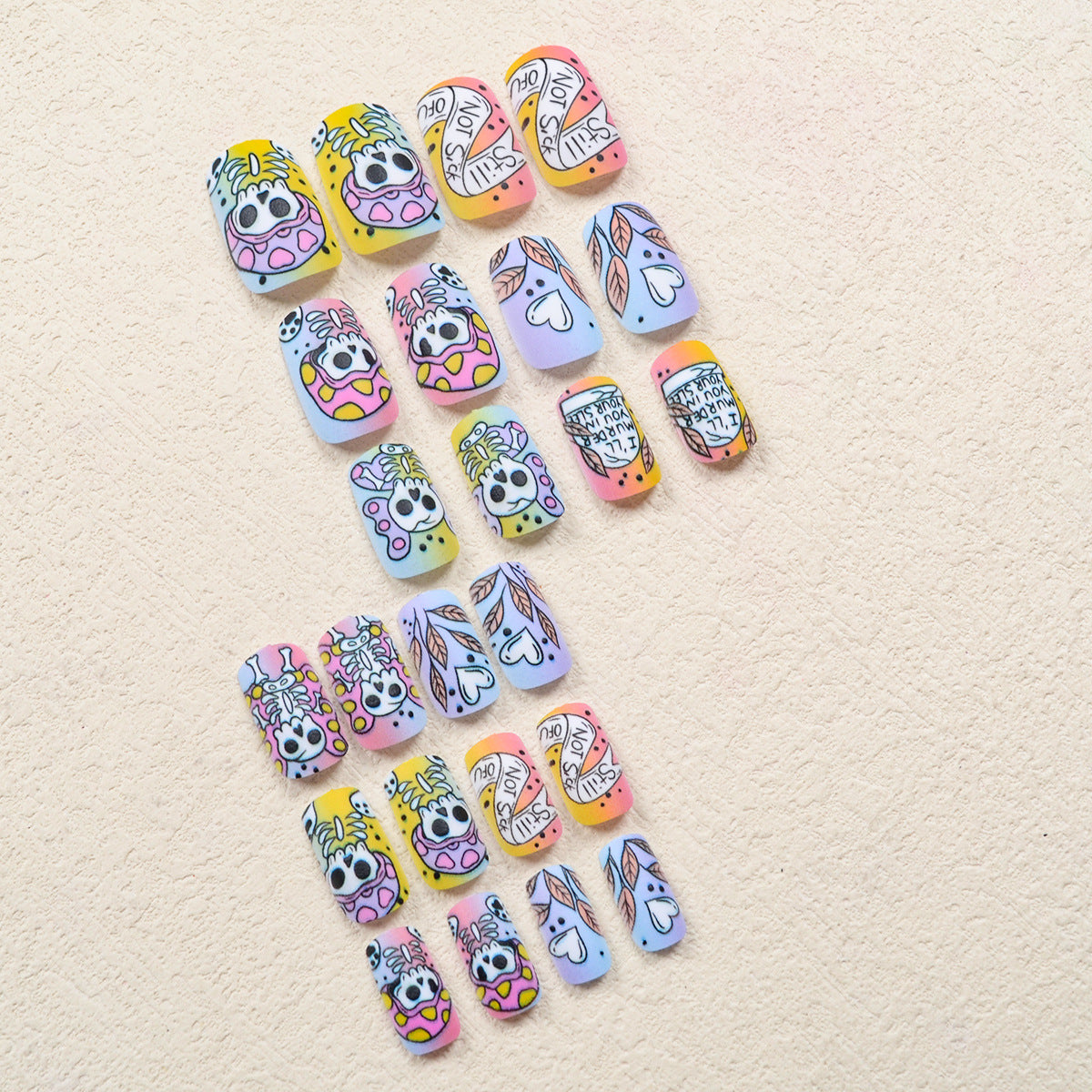 Cute Cartoon Skull Halloween Nails, Colorful Gradient