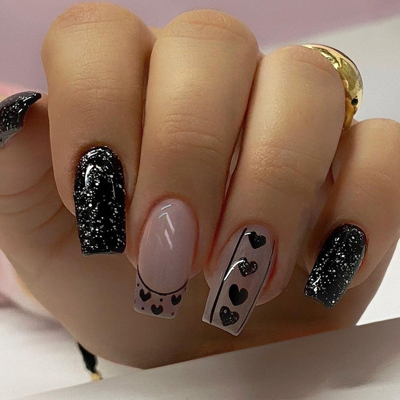 Black Starry Night Heart French Nails, Shimmering Powder