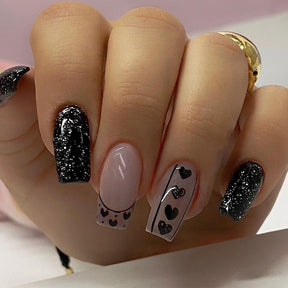 Black Starry Night Heart French Nails, Shimmering Powder