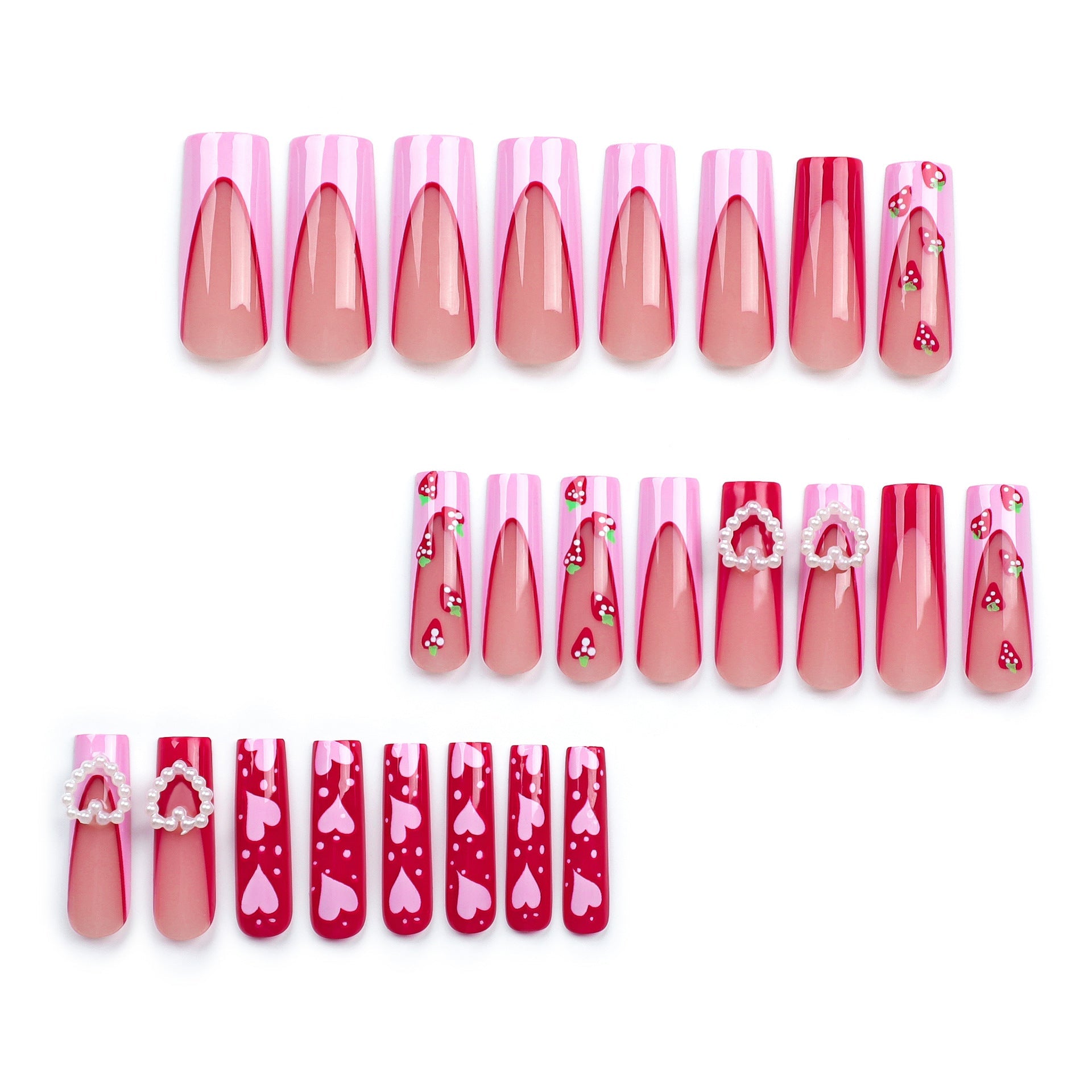 Valentine's Day Pink 3D Heart Pearl Long French Strawberry Nail Art Tips