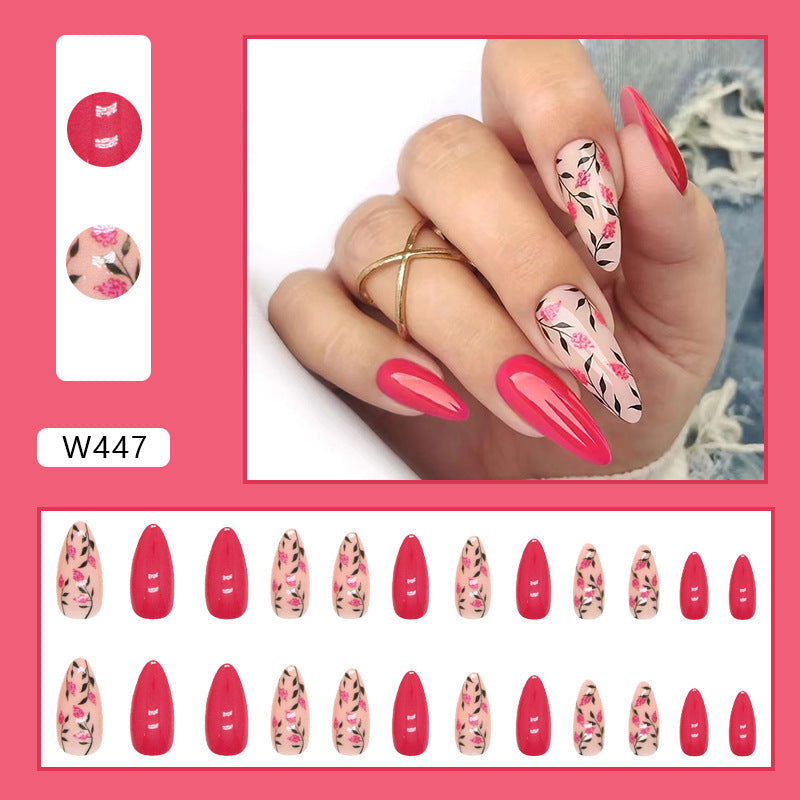 Rose Red Flower Almond Nails, Round Tip, Ins Style, Fashionable