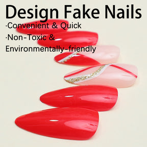 Popular Almond Shaped Striped Detachable Red Nails