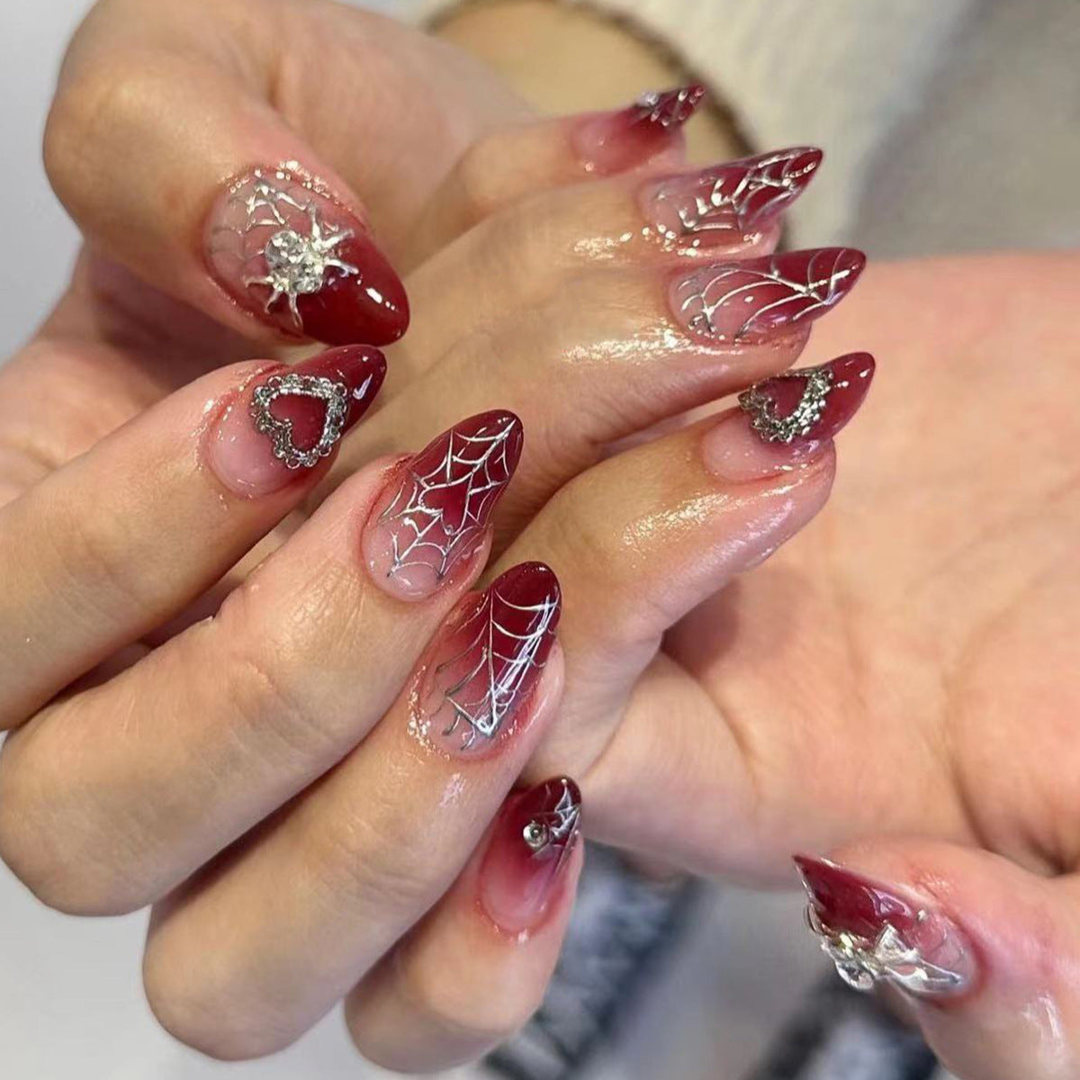 New Red Gradient Fall Nails - Silver Heart Spider Tips