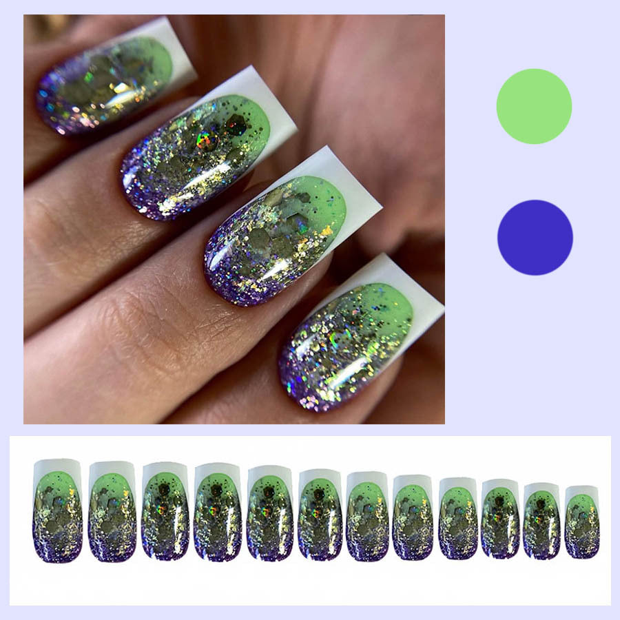 Trendy White French Emerald Glitter Nail Tips