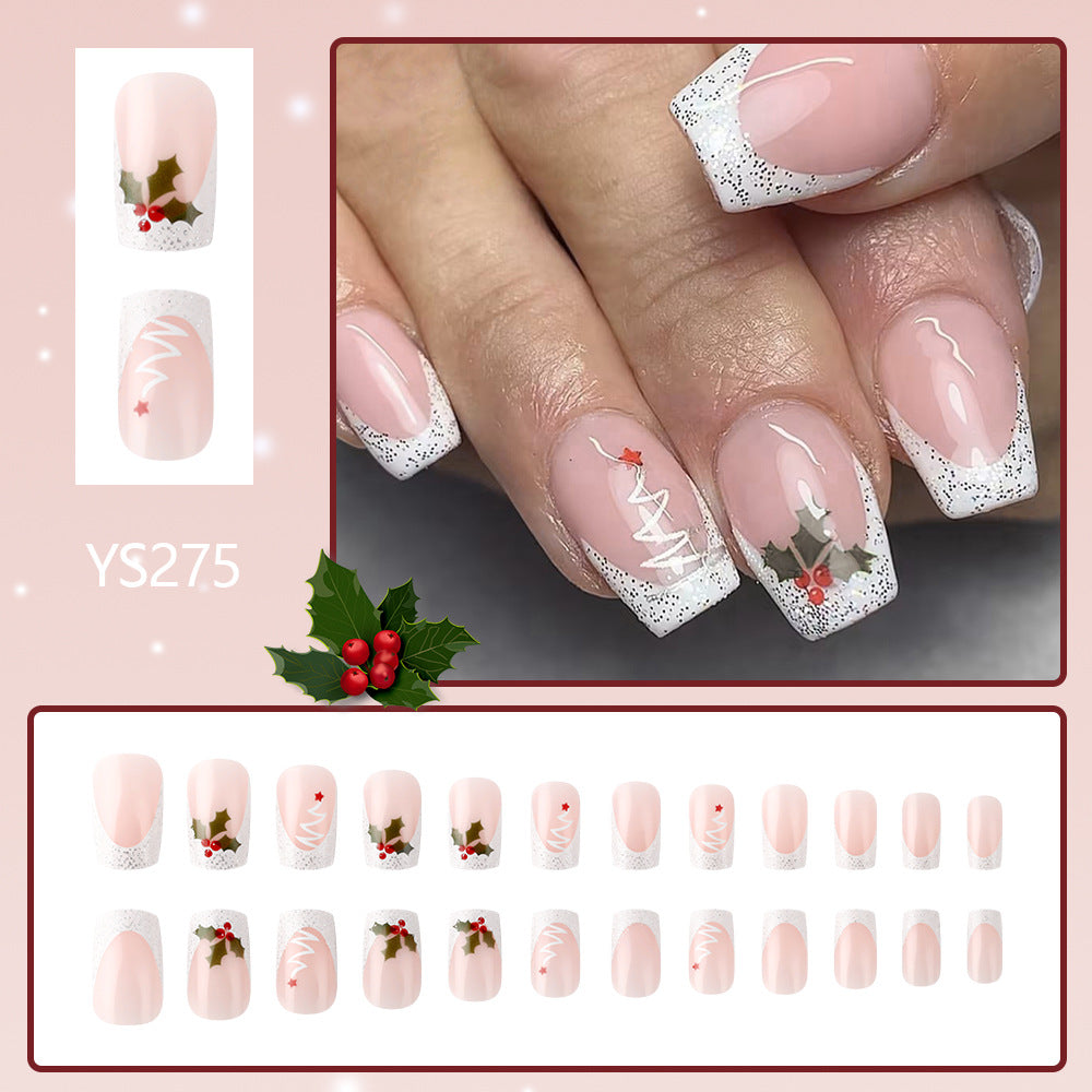 Short Shiny Christmas Nails - Glitter, French White Edge