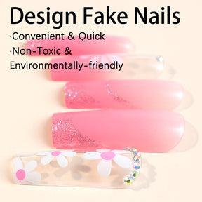 Rectangular Water Pipe Nail Tips with Flower French Design