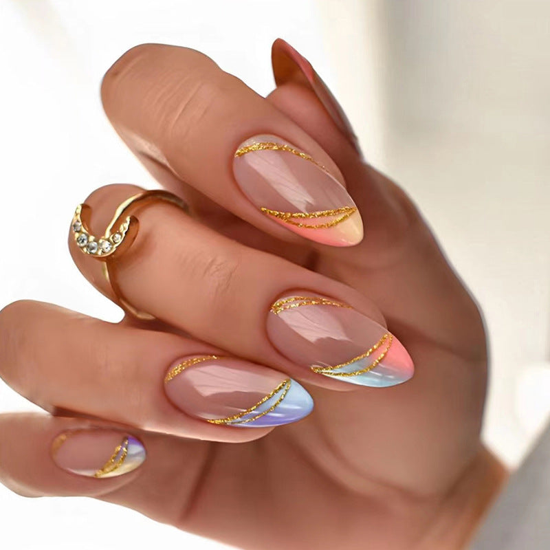 Trendy Euro Ins Style Round Almond Multicolor Gradient French Gold Line Fake Nails