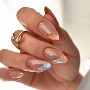 Trendy Euro Ins Style Round Almond Multicolor Gradient French Gold Line Fake Nails