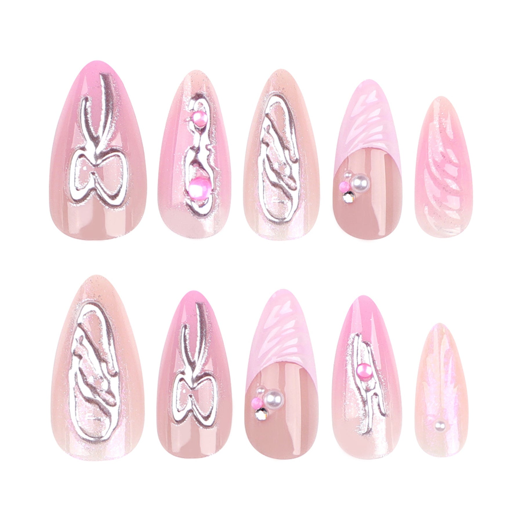 3D Bow Handmade Mirror Pink Silver Nail Tips