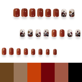 Autumn Coffee Brown Short Square Leaf Design Nail Tips