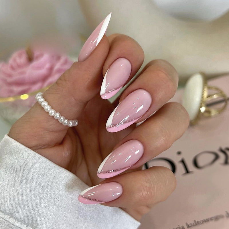 Wholesale White Pink French Nail Art Tips with Glitter Lines