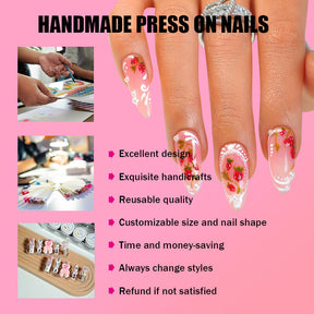 Handmade Nail Tips with Bows, Hearts, and Rhinestones