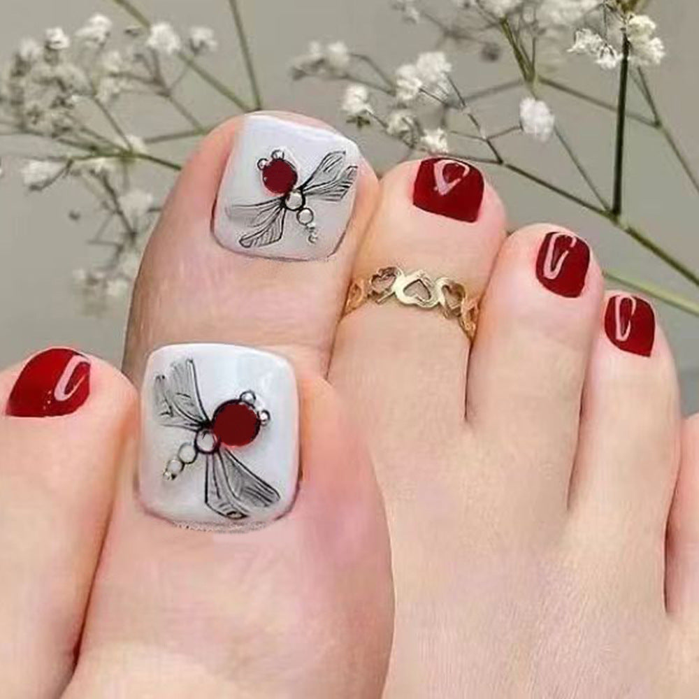 Wine Red Toe Nails, Natural Butterfly Design