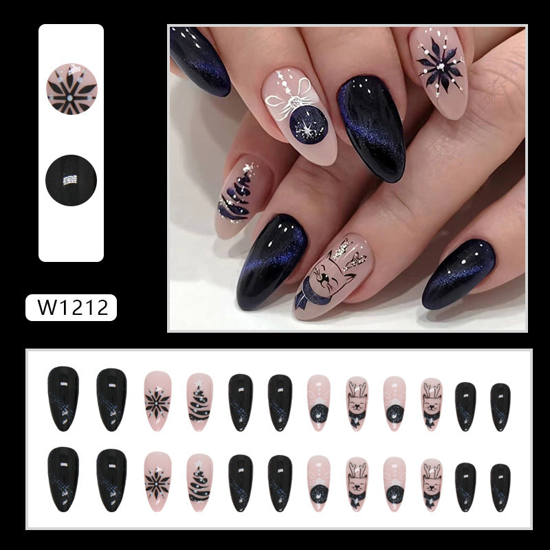 Blue Black Night Sky Glitter Almond Nails, Christmas Theme