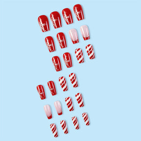 Christmas Red and White Stripe Glitter Snowflake Fall Nails - Removable Nail Tips