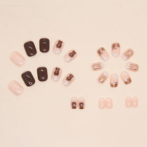 Short Square Pink Translucent Nails, Cute Brown Bear, Ins Style