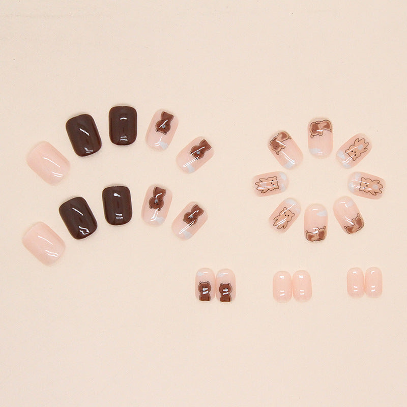 Short Square Pink Translucent Nails, Cute Brown Bear, Ins Style