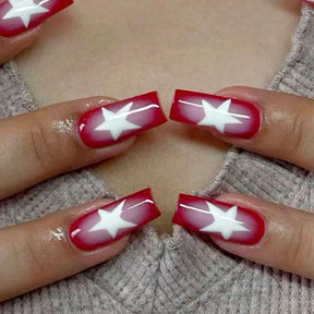 Red French Handmade Nail Stickers with White Stars